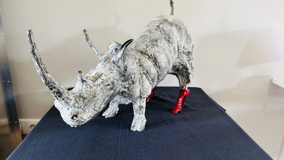 Image 1 of Bronze Rhinoceros statue with matching watercolor painting in cast iron frame