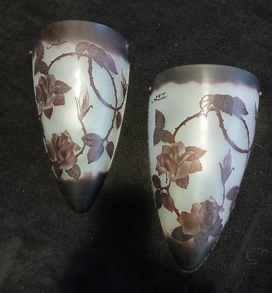 Image 1 of Art Nouveau Gallé pâte de verre wandkandelaars