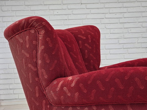 Image 1 of Fauteuil relax danois des années 1950, laine rouge pour meubles, bois de chêne.