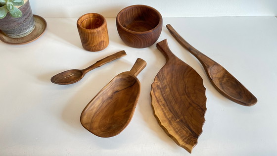 Image 1 of Lot Coupelles en Bois Tourné et Sculpté Vintage
