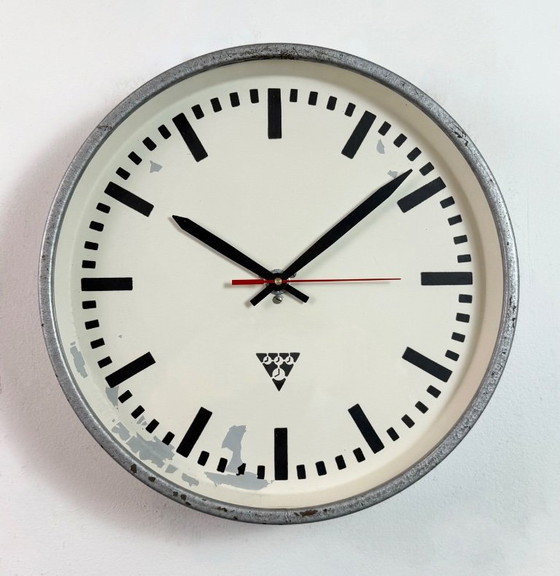 Image 1 of Industrial Grey Factory Wall Clock from Pragotron, 1960s