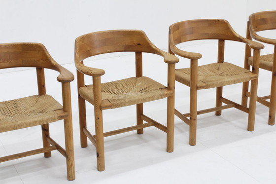 Image 1 of Set Vintage dining table and dining chairs pine wood papercord
