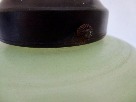 Image 1 of Plafonnier Art Déco, suspension en verre, années 1930, suspension en verre vert clair avec bande dorée, abat-jour pagode.