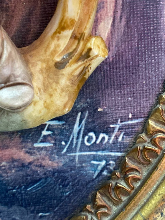 Vintage Italiaanse wanddecoratie in reliëf, romantische scène, polychroom gips, gesigneerd E. Monti (photo 4 of 8)