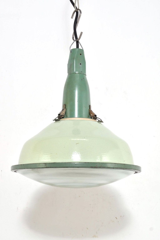 Vintage Enamel Factory Lamp With Spherical Glass