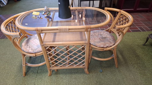Vintage Rattan Bistro Set | Table with Glass Plate + 2 Chairs | 1980s Style