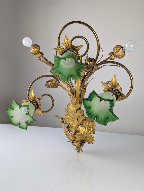 Image 1 of Jugendstil-Wandleuchter aus Kastanienblättern und grünem Glas, 1900er Jahre