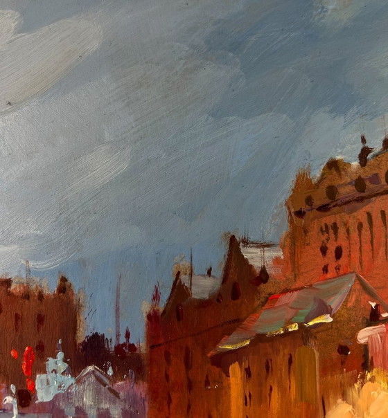 Image 1 of Original Oil Painting Evening Bridge Landscape Streets of the city at night