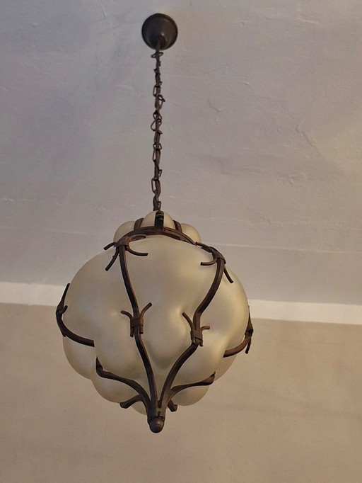 Venetian Iron and Blown Frosted Glass Hall Lantern Pendant Light, Italy 1960s