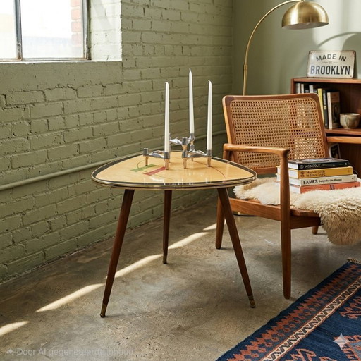 Vintage coffee table. Triangular, three-legged "kidney table". Top with funky retro pattern. 1950 / 1960. Mid-century
