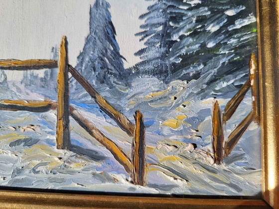 Rustikales Winterzaun & Kiefern Ölgemälde – Gemälde & Zeichnungen, Leinwand (photo 9 of 10)