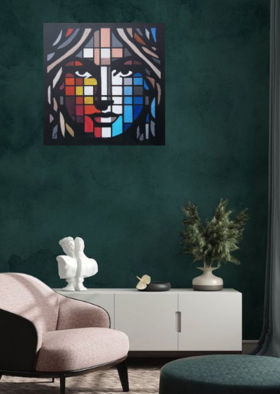 Image 1 of Abstract schilderij van de schilder 2Luss'Art – Geometrisch portret – 60 x 60 cm