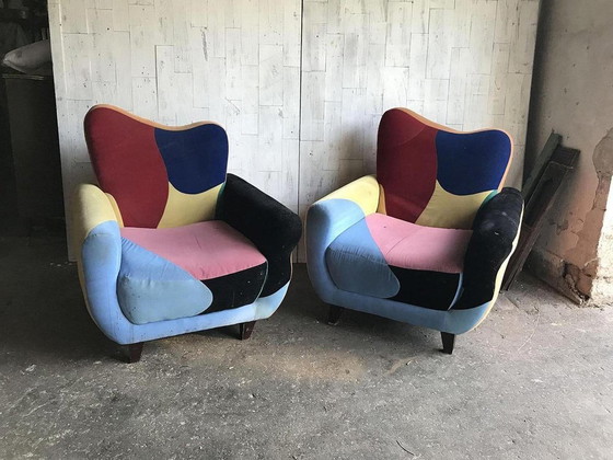Set of Mid-Century Armchairs in Multicoloured Fabric with Black Painted Legs – Mid Century Modern (photo 7 of 7)