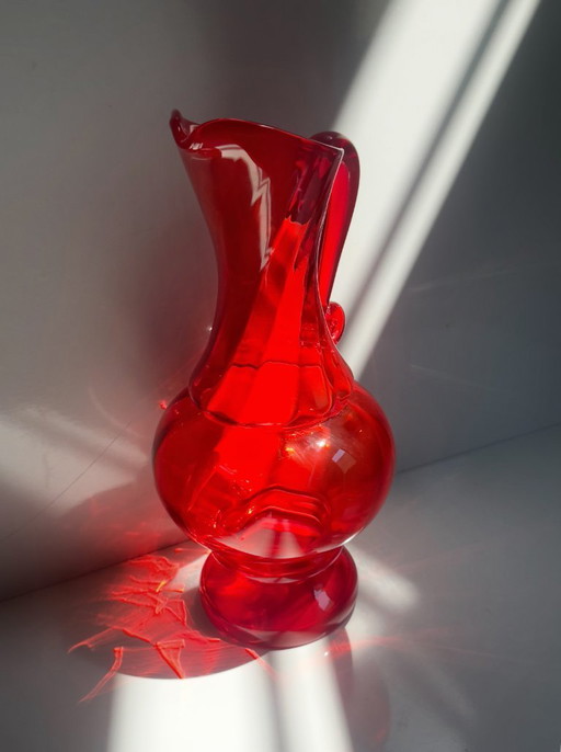 Polnische Glas Karaffe Rubin Glas Mid Century Szkła Ząbkowice Natriumglas Ludwik Fiedorowicz 80er 70er Orange Rot