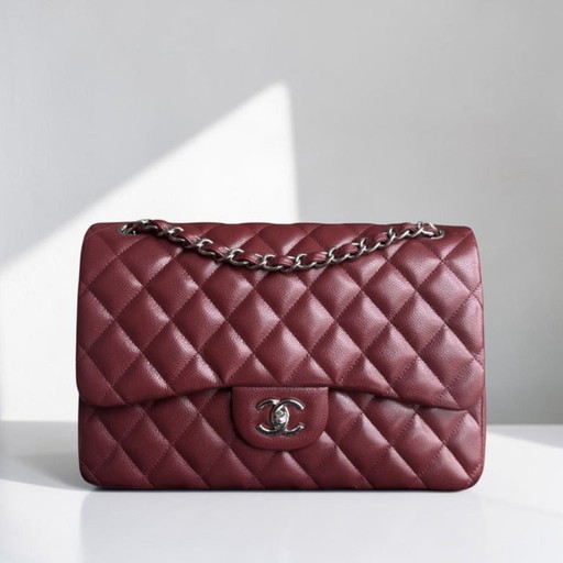 Chanel Classic Flap Jumbo - Caviar 30CM Dubbele klep, gewatteerd, bordeauxrood, zilverkleurige hardware