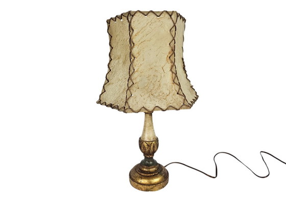 Image 1 of Italian wooden table lamp - gilded - Hollywood Regency style - pigskin handmade lampshade - 70's