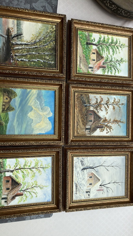 Unieke 6-delige set schilderijen – De Vier Jaargetijden & Landschappen (1994