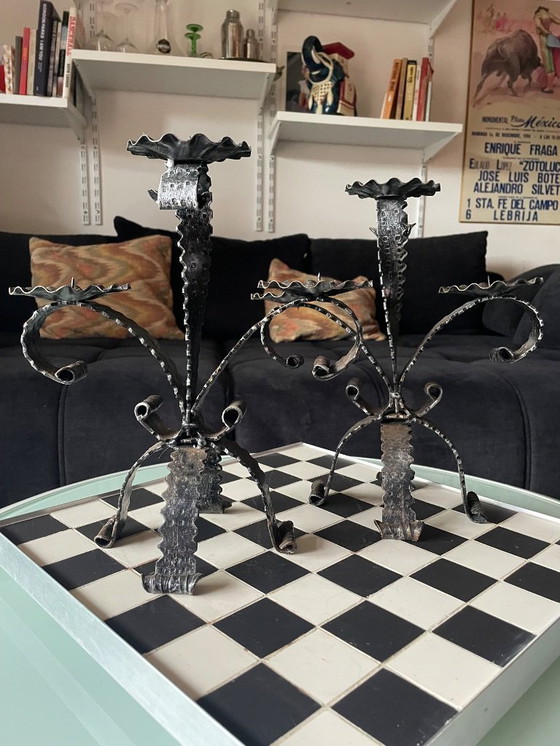 Image 1 of Pair of Brutalist candlesticks in wrought iron 1950