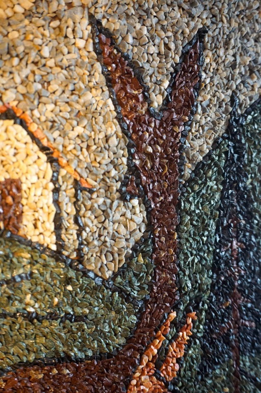 mid-century forest scene wall art * textured gravel mosaic * deer and trees * alpine chalet style * kitsch woodland decor * natu