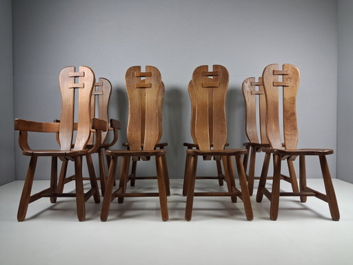 Set van 8 Vintage Brutalistische Stoelen De Puydt, Jaren 60 - 70 – Merk onbekend, eetkamerstoelen, Wood
