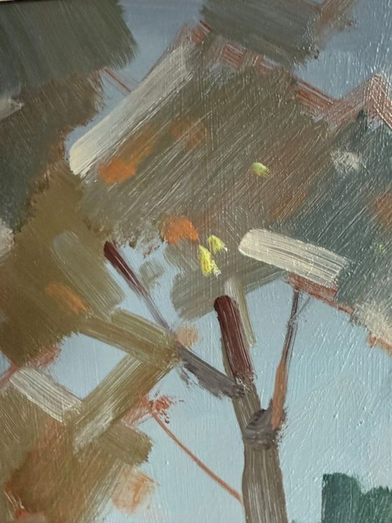 Image 1 of Peinture naïve moderniste « Jour de lessive », huile sur panneau d'Eskil Skans