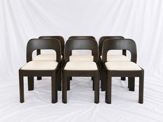 Vintage Dining chairs, Solid Oak & Ivory Bouclé, Wood, Brown (photo 2 of 8)