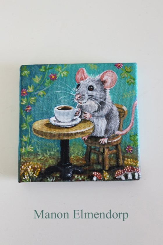 Image 1 of Unique Hand-Painted Little Mouse Cafe Painting, Signed
