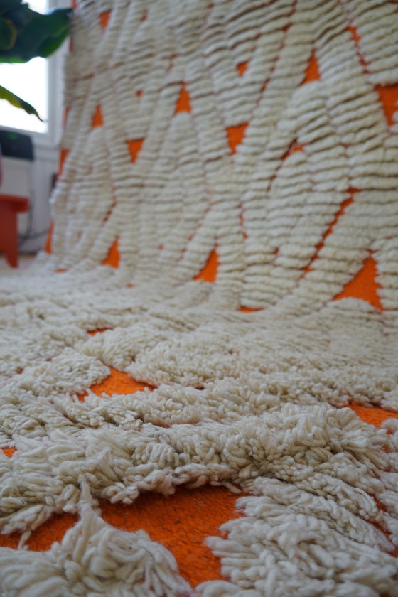 Image 1 of Handwoven Orange Cream Wool Rug With Checkered Pattern - 100% Natural Wool From Tunisia