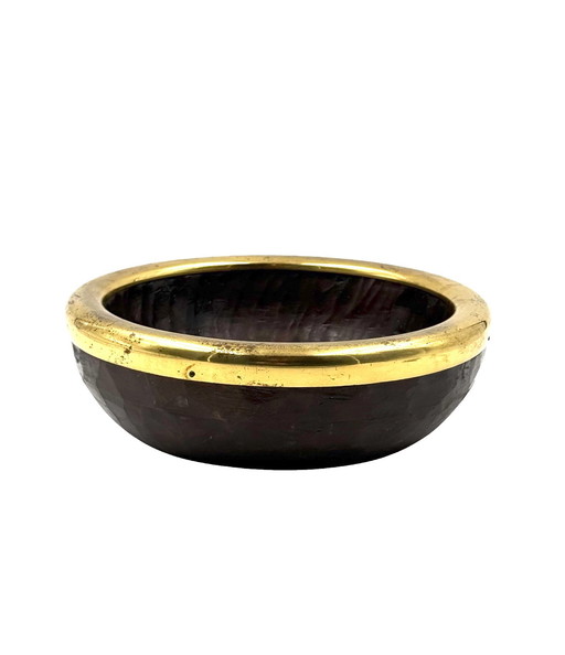 Mid-Century Brass and Wood Bowl, Italy 1970s