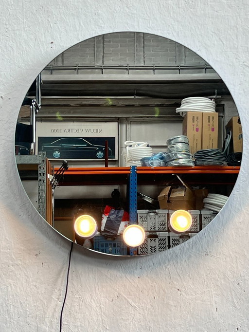 Vintage Mirror, Blue Metal, With Lighting. Italy 90's