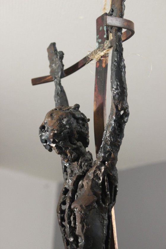 Image 1 of Brutalized crucifixion sculpture in welded iron, bronze, and copper, 1970s, signed