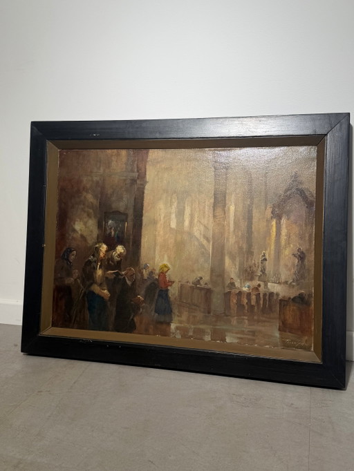 Antique Church Interior - Oil on Canvas - Signed – schilderijen tekeningen