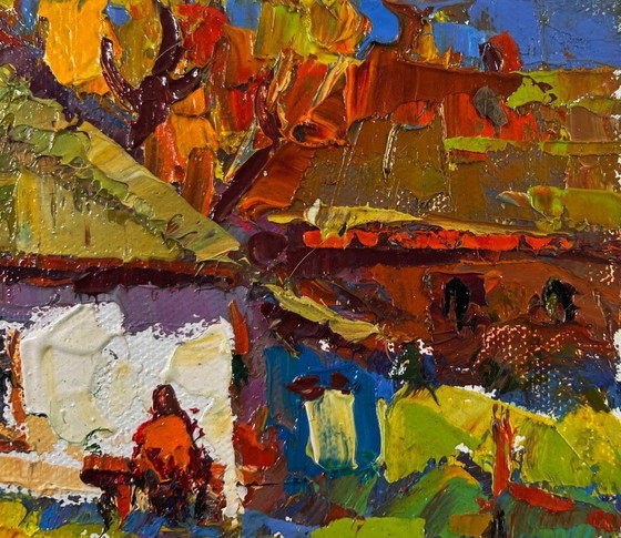 Image 1 of Original Oil Painting Village Day Landscape Light dances on every blade of grass