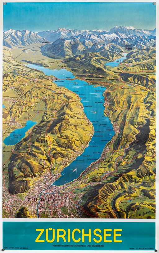 Zürichsee – 1978. Póster de viaje original de época de M. Bieder – Estilo suizo – 101 x 64 cm.