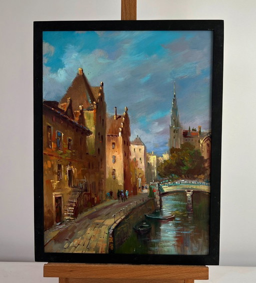 Original Oil Painting City River Landscape Old street of Venice