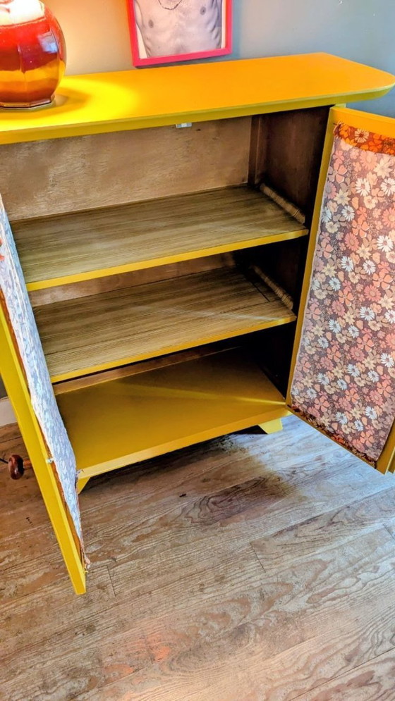Image 1 of Upcycled vintage bar cabinet in yellow and floral print – 70s style