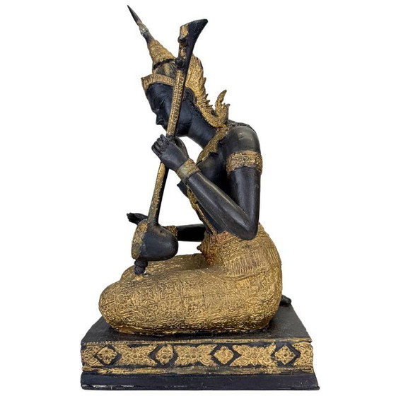 Thaise Muzikant Beeld Brons – Goud Zwart Patina Tempelfiguur – Beeldhouwkunst, Bronze, Aziatisch (photo 7 of 14)