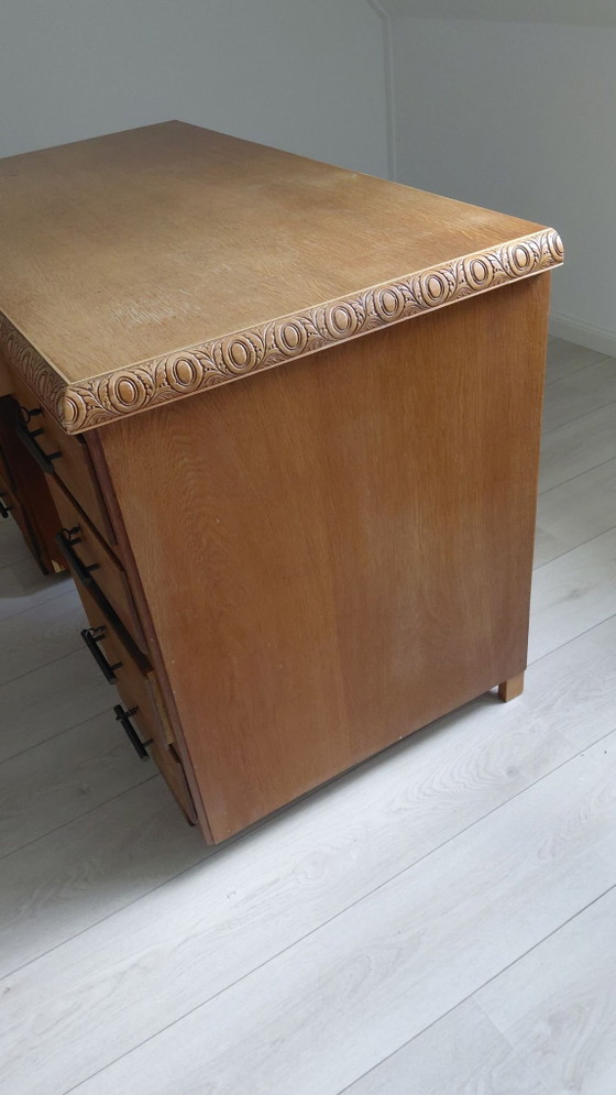 Escritorio clásico Art Déco / Escuela de Ámsterdam de doble pedestal, Roble años 30, Metal, Madera, Marrón (foto 11 de 12)