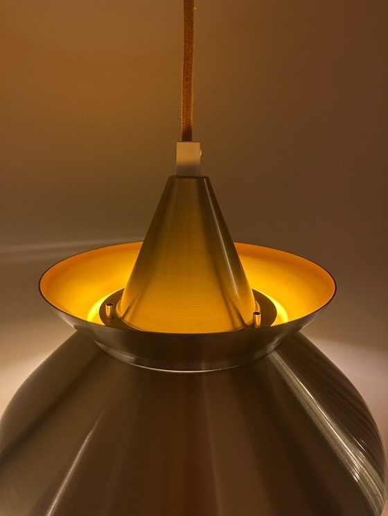 Image 1 of Suspension vintage danoise chromée/ocre - Lampe de style Doo Wop