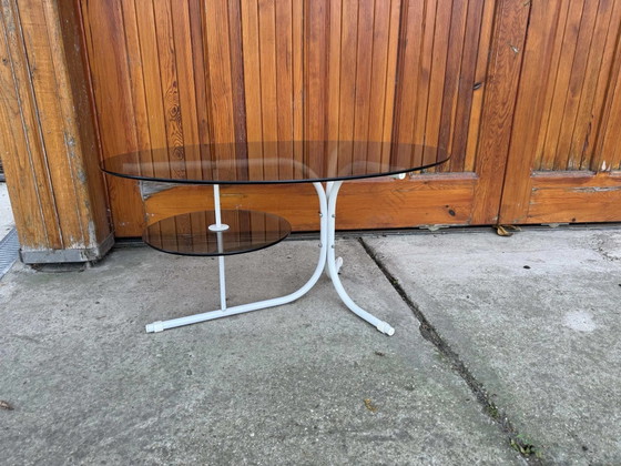 Vintage Oval Table with Metal Legs and Smoky Glass Top, Coffee table books, Scandinavian (photo 3 of 7)