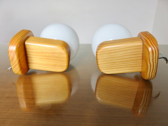 Image 1 of Pair of Scandinavian wall lights in pine and opaline glass, 1980s