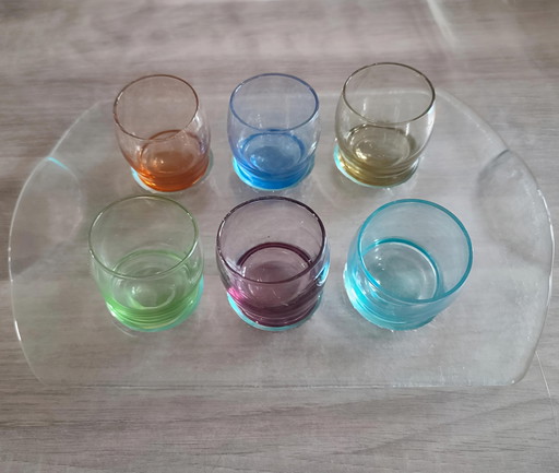 Set Of Colored Vintage Liqueur Glasses With Matching Carrying Tray