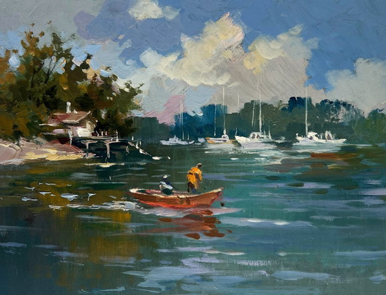 Image 1 of Original Oil Painting Summer River Landscape At the summer yacht club