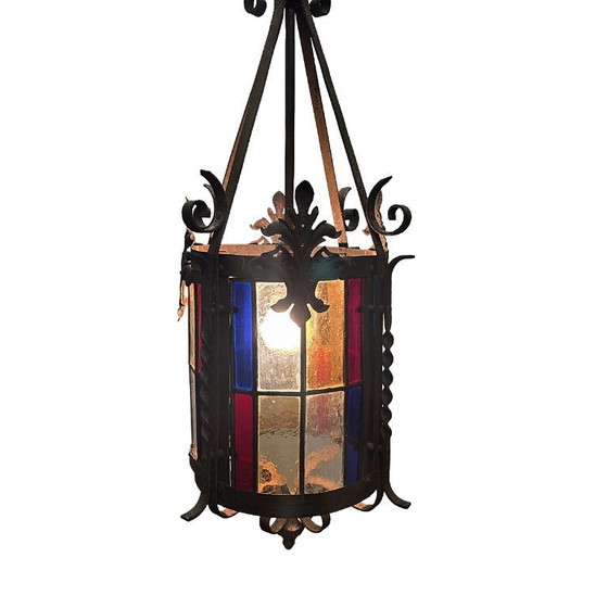 Image 1 of Farol de salón francés antiguo con vidrieras, finales del siglo XIX.