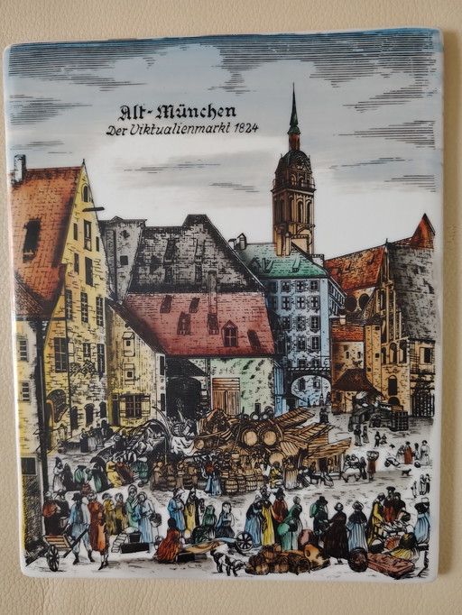 Old Munich Viktualienmarkt 1824, Valkyrie porcelain Bayreuth, picture heavy plate