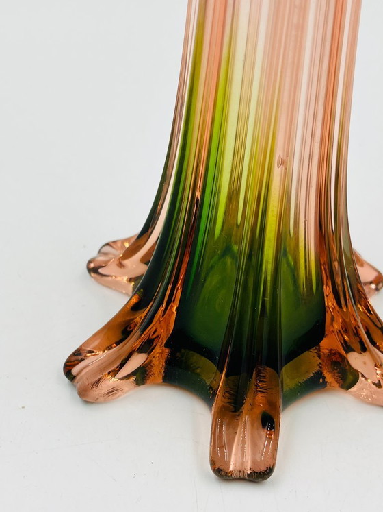 Image 1 of Pair of vintage bud vases in pink and green glass