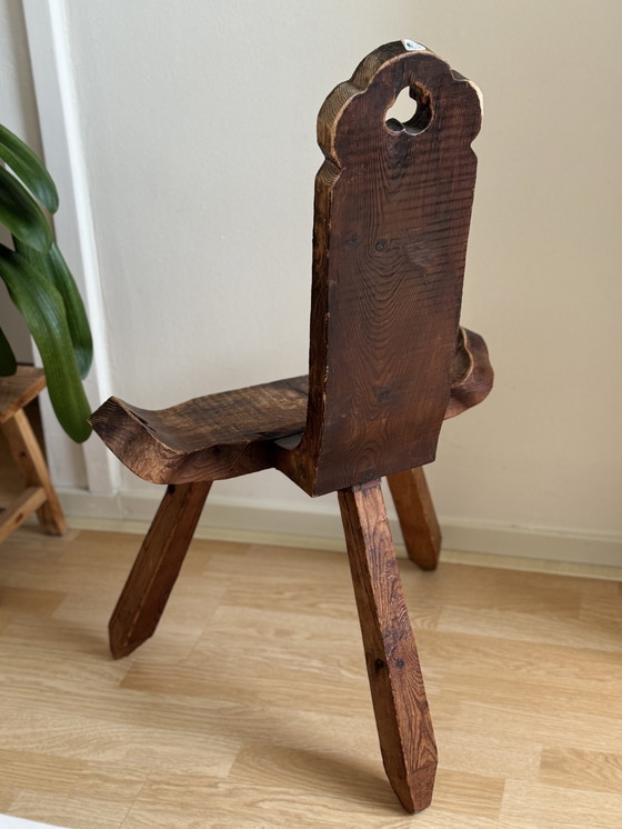 Image 1 of Vintage brutalist wooden tripod stool / side table