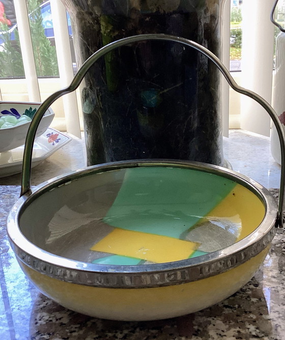 Image 1 of Ciotola Art Deco in ceramica con manico mobile in metallo vintage