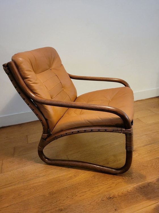 Image 1 of Poltrona vintage in rattan con cuscini in pelle del 1970