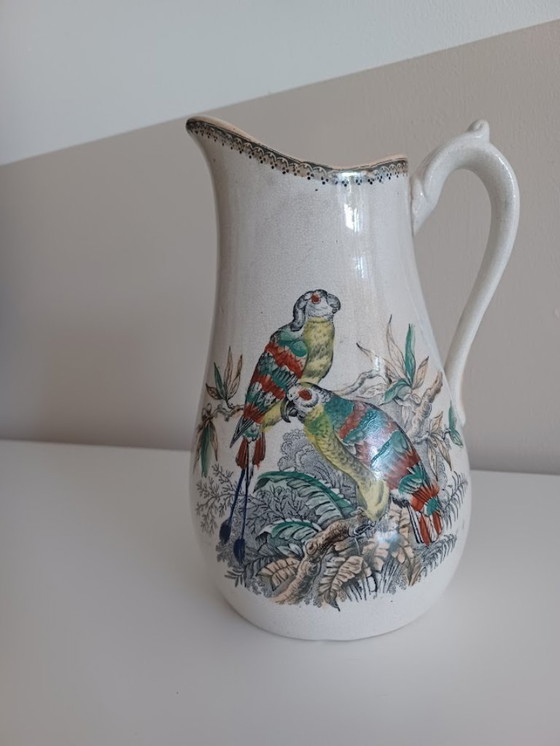 Image 1 of Vintage ceramic jug with hand-painted bird decoration - Southern European